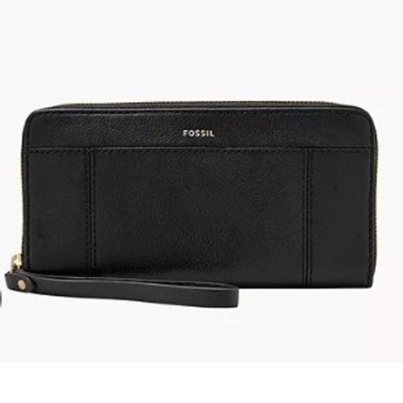 Fossil Tip Top Clutch Wallet Black Leather Zip Around Wristlet - Picture 1 of 13